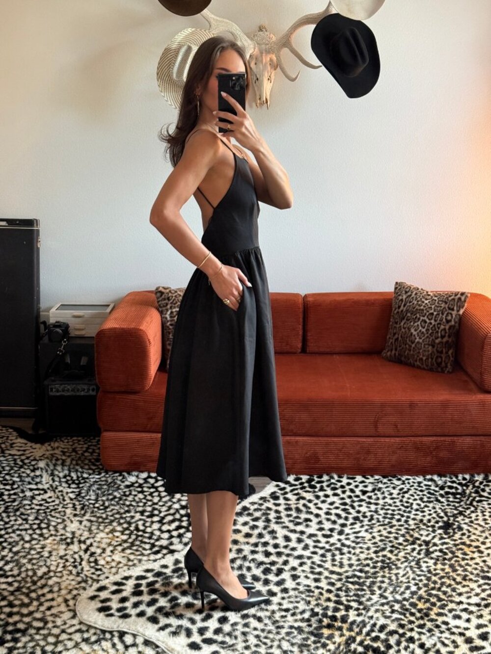 INA Black Cocktail Midi Dress Size Small Pockets - Picture 2 of 5